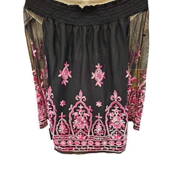 NWT INC sweet meadow off the shoulder semi sheer lined peasant S pink black top - Picture 2 of 7